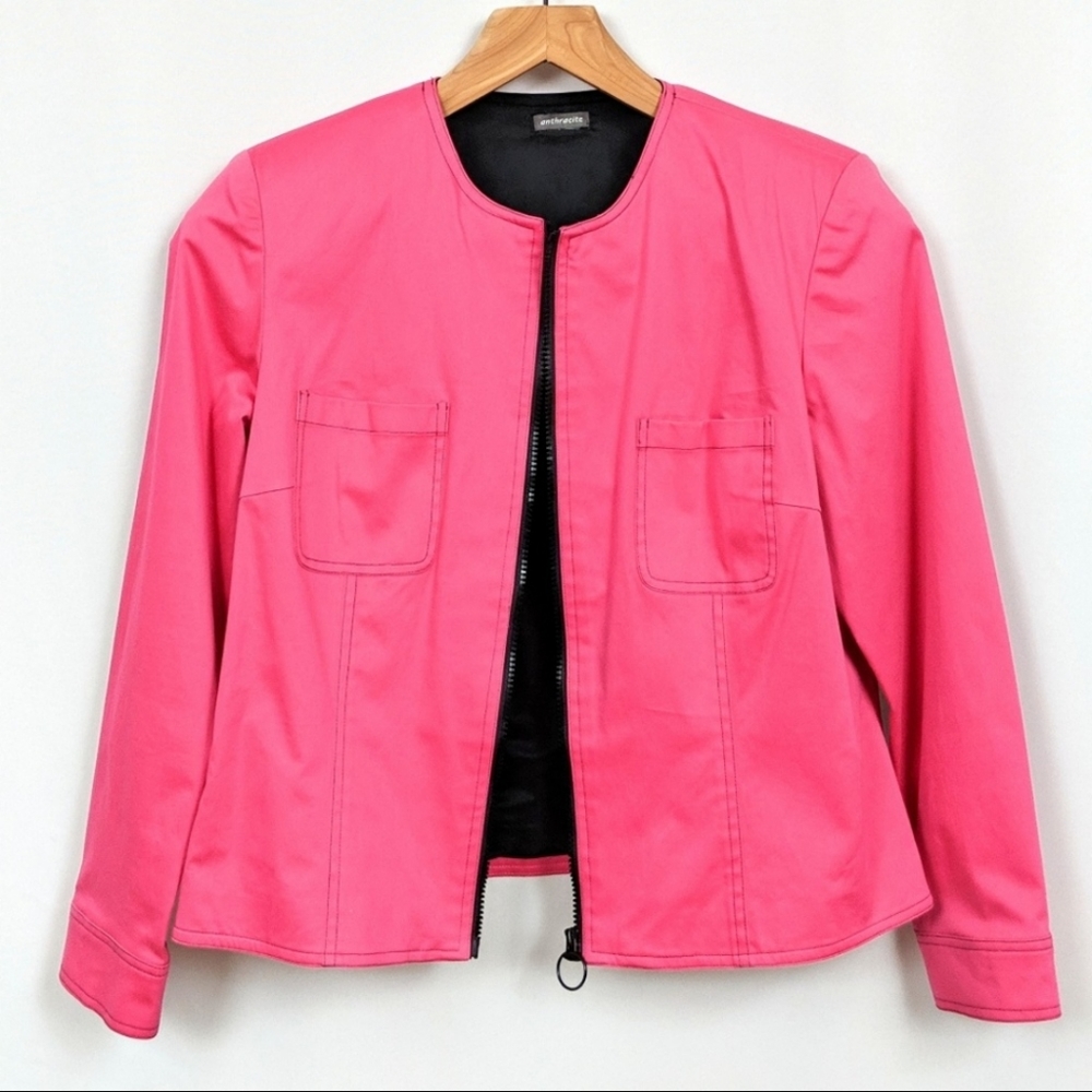Anthracite Cropped Full Zip Jacket Round Neck Hot Pink w/Black Exposed Zipper M